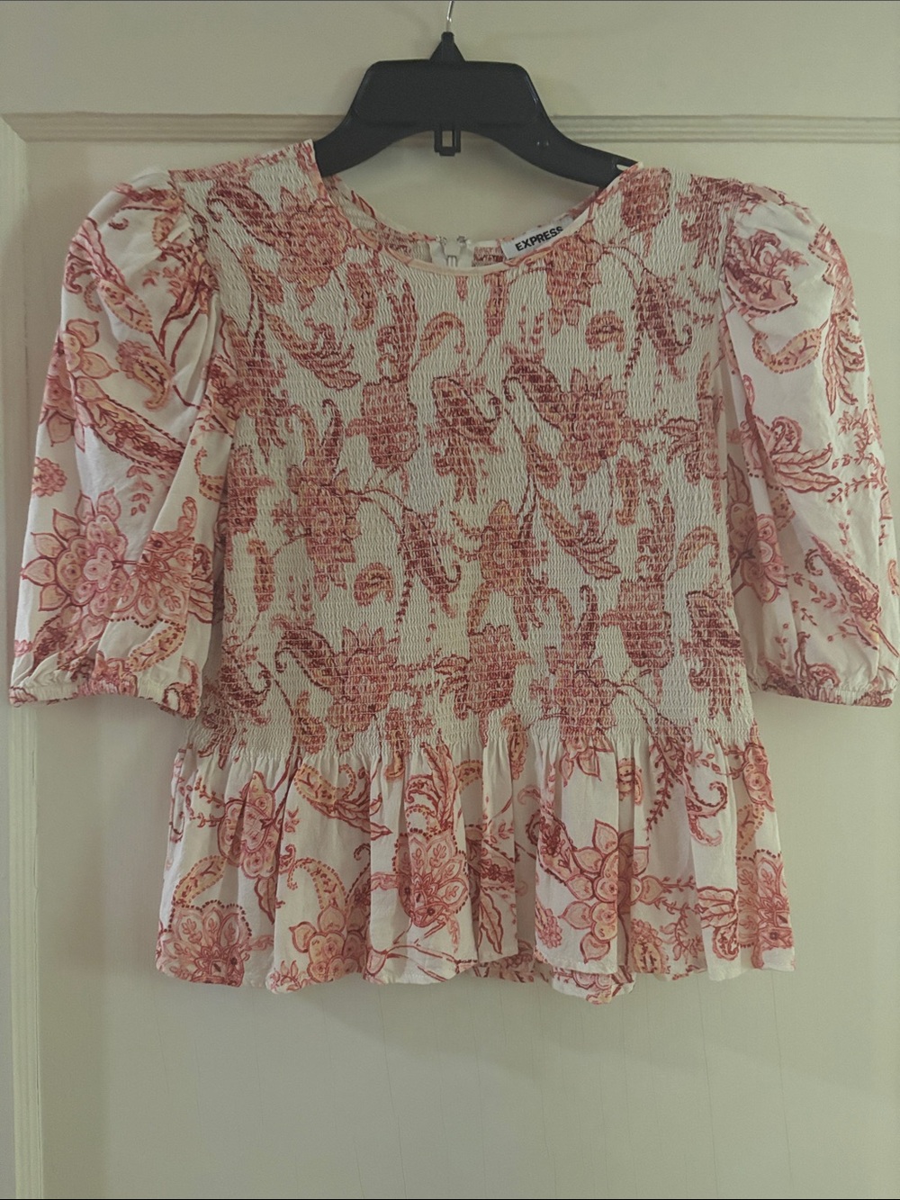 Express White Blouse with Red Floral Smocking